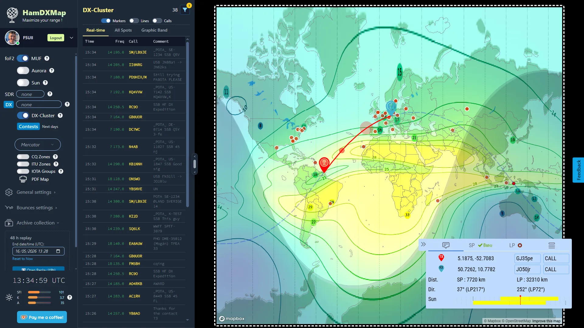 HamDXMap preview: dark globe, green station points, propagation paths and MUF zones